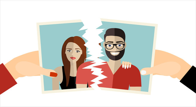 Break up. Crisis relationship divorce. Man and woman tore up a group photo as symbol conflict, unhappy love. Vector illustration flat design. Parting couple.