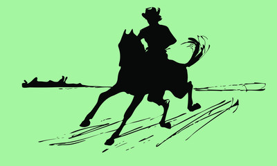 Abstract silhouette of a galloping horse rider on a colored background, hand drawing