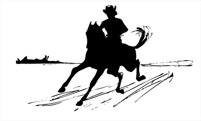 Abstract  black silhouette of a galloping horse rider on a  white background, hand drawing