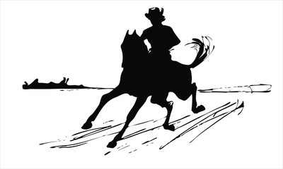 Abstract silhouette of a galloping horse rider on a  white background, hand drawing