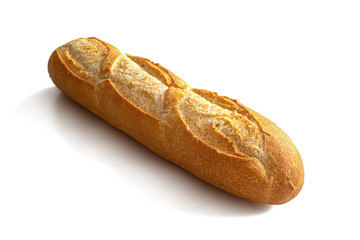 French mini baguette with crispy crust on white background