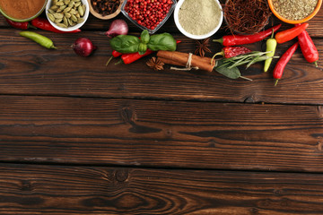 Spices and herbs on table. Food and cuisine ingredients for good cooking