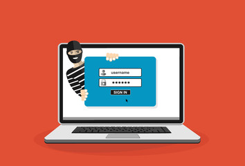 Thief hacker in mask stealing passwords from laptop. anti phishing and internet viruses concept. Cartoon Vector Illustration.