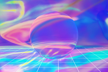 Abstract trendy surreal holographic background in 80s style. Blurred dynamic composition of perspective grid lines and light-spots with sphere. Retro futurism, webpunk, disco. Neon colors.