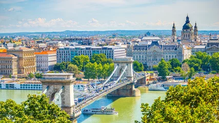 Acrylic prints Széchenyi Chain Bridge Budapest cityscape at Danube river. Chain bridge, St. Stephen's Basilica.