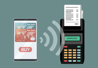 Smartphone near POS terminal. Wireless, contactless or cashless payments, rfid nfc. Vector illustration in flat style