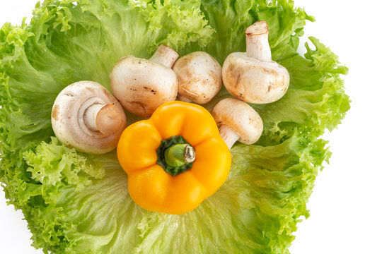 Champi&ntilde;ones y pimiento morron, sobre unas hojas de lechuga con fondo blanco