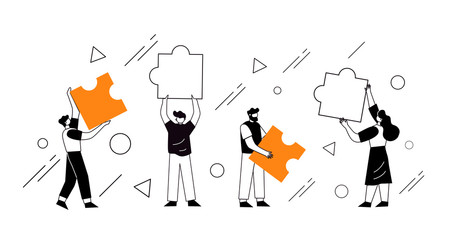 The concept of joint teamwork, building a business team. Vector illustration of working characters, people connecting pieces of puzzles.