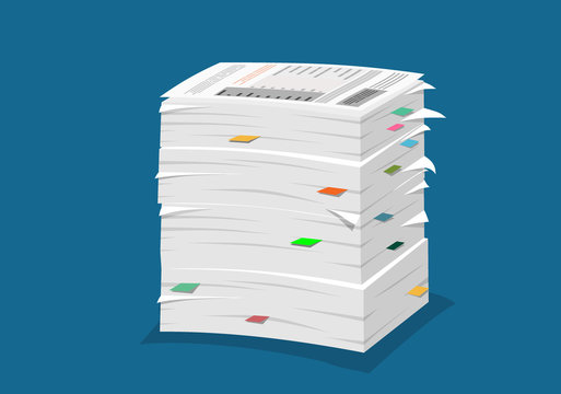 Stack of papers on blue background. Vector illustration in flat style