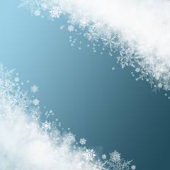 Fototapeta premium Snow background blue. Christmas snowfall with defocused flakes. Winter concept with falling snow. Holiday texture and white elements.
