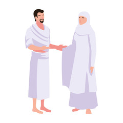 couple of people pilgrims hajj standing on white background