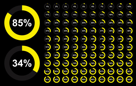 Pie chart full set, ring percentage diagram collection, loading circle icon, yellow isolated on black background, vector illustration.