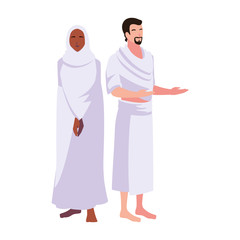 couple of people pilgrims hajj standing on white background