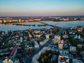 Evening summer Voronezh skyline, aerial view from drone