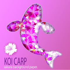 KOI CARP ,sakura background paper.Beautiful floral trendy background with pink 3d sakura cutting paper,Stylish modern bright wallpaper. Greeting, invitation card for Wedding, Birthday, Mothers day, Wo