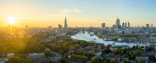 Aerial view of the City of London at sunset