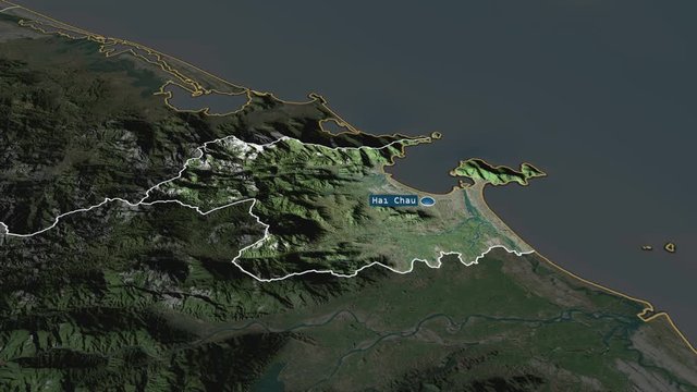 Đ&agrave; Nẵng - city of Vietnam with its capital zoomed on the satellite map of the globe. Animation 3D
