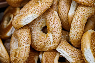 The soft toasted buns are in a box at the grocery store.