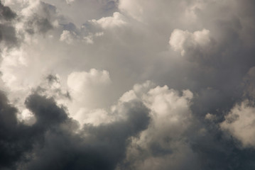 Dramatic cloudscape of dark cumulus clouds lit by the sun