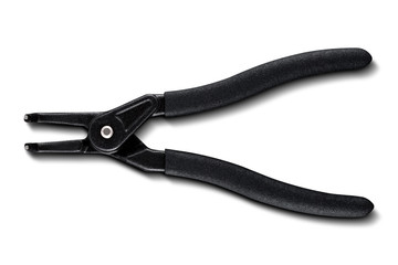 Black pliers for circlips - Snap rings or Seeger rings, orbis,  placed on a white isolated backgorund with shadow. 