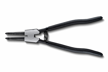 Black pliers for circlips - Snap rings or Seeger rings, orbis,  placed on a white isolated backgorund with shadow. 