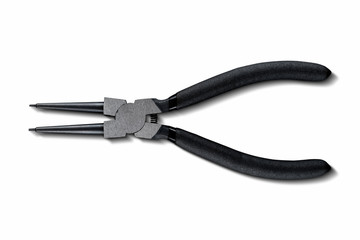 Black pliers for circlips - Snap rings or Seeger rings, orbis,  placed on a white isolated backgorund with shadow. 