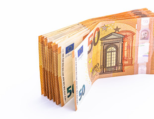 Euro cash money notes isolated on white background.