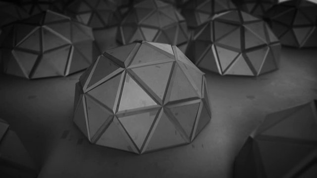 Polygonal metal objects. Abstract futuristic technology or sci-fi concept. 3D render of low poly hemispheres. Seamless loop smooth animation rendered with DOF 4k UHD (3840x2160)
