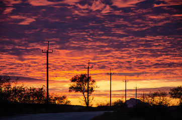 Red, crimson sunset against the background of the outline of a power line.