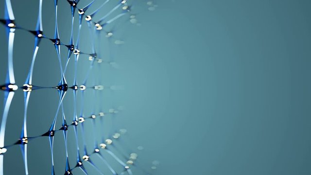 Blue glass network structure on the edge in empty space. Plexus mesh with transparent lines and glowing nodes spheres. Futuristic technology shape. Seamless loop 3D render animation 4k UHD 3840x2160