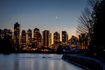 Beautiful night view on Vancouver Downtown view from Stanley Park