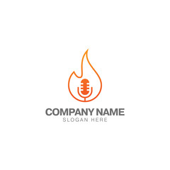 Fire podcast logo design template, microphone classic and fire line style vector