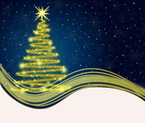 Christmas card with golden tree on blue background