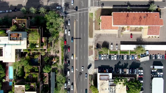 Aerial top view of Scottsdale desert city in Arizona east of state capital Phoenix. Downtown's Old Town Scottsdale