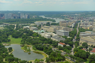 Fototapeta na wymiar National Academy of Sciences, Federal Reserve Building, South Interior Building and US Department of State aerial view from top of the Washington Monument in Washington, District of Columbia DC, USA.