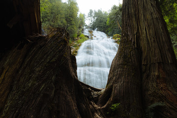 Long exposure of river and waterfalls in remote nature in summer