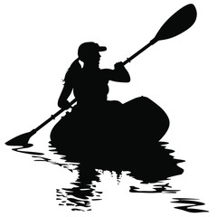A vector silhouette of woman kayaking. - obrazy, fototapety, plakaty