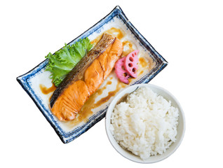 Isolated of Smoked salmon with rice bowl set, Japanese Food