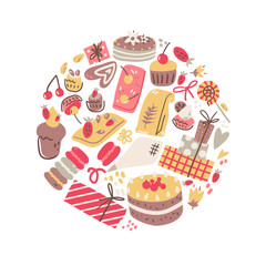 Bakery round illustration. Cakes, candies and chocolate.