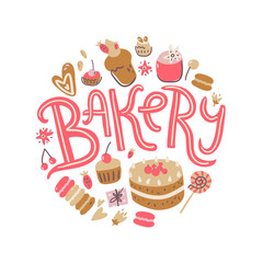 Bakery round illustration. Cakes, candies and chocolate.