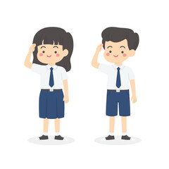 Cute Indonesian Junior High School Boy Girl Student Wearing Blue and White Uniform Giving Salute Independence Day Cartoon Vector Illustration