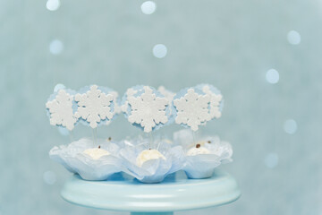 Studio shot of topped coconut candy with snowflakes symbol. Decoration of children's parties with tasty candies. Selective focus.