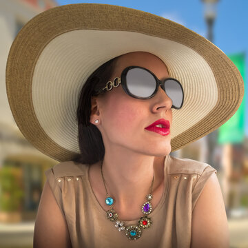 A sophisticated socialite wearing a large rim straw hat and big sunglasses looks up at the Plaza. The red color full lips accentuate the sparkly ruby necklace.