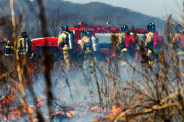 EMERCOM exercises. Fire brigade extinguishes a burning field.