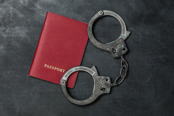 Passport with handcuffs on black background