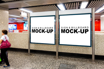 Mock up blank square signboard on metal frame at subway