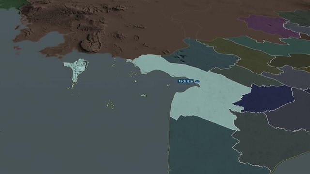 Ki&ecirc;n Giang - province of Vietnam with its capital zoomed on the administrative map of the globe. Animation 3D