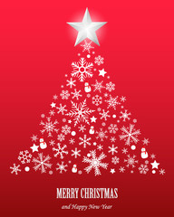 Christmas greeting card with star and snowflakes. Design for Christmas and New Year. Vector illustration. Christmas tree.