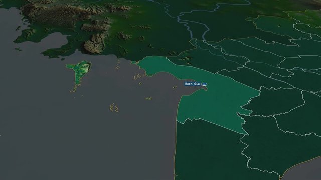 Ki&ecirc;n Giang - province of Vietnam with its capital zoomed on the physical map of the globe. Animation 3D