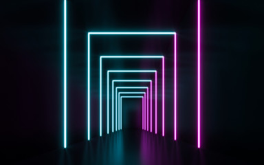 Futuristic Sci Fi blue and purple neon tube lights glowing. 3D rendering